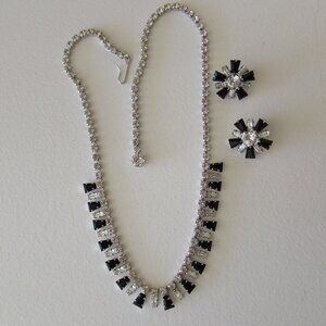 Vintage B David Black/Clear Austrian Crystal Necklace/Clip On Earrings Set